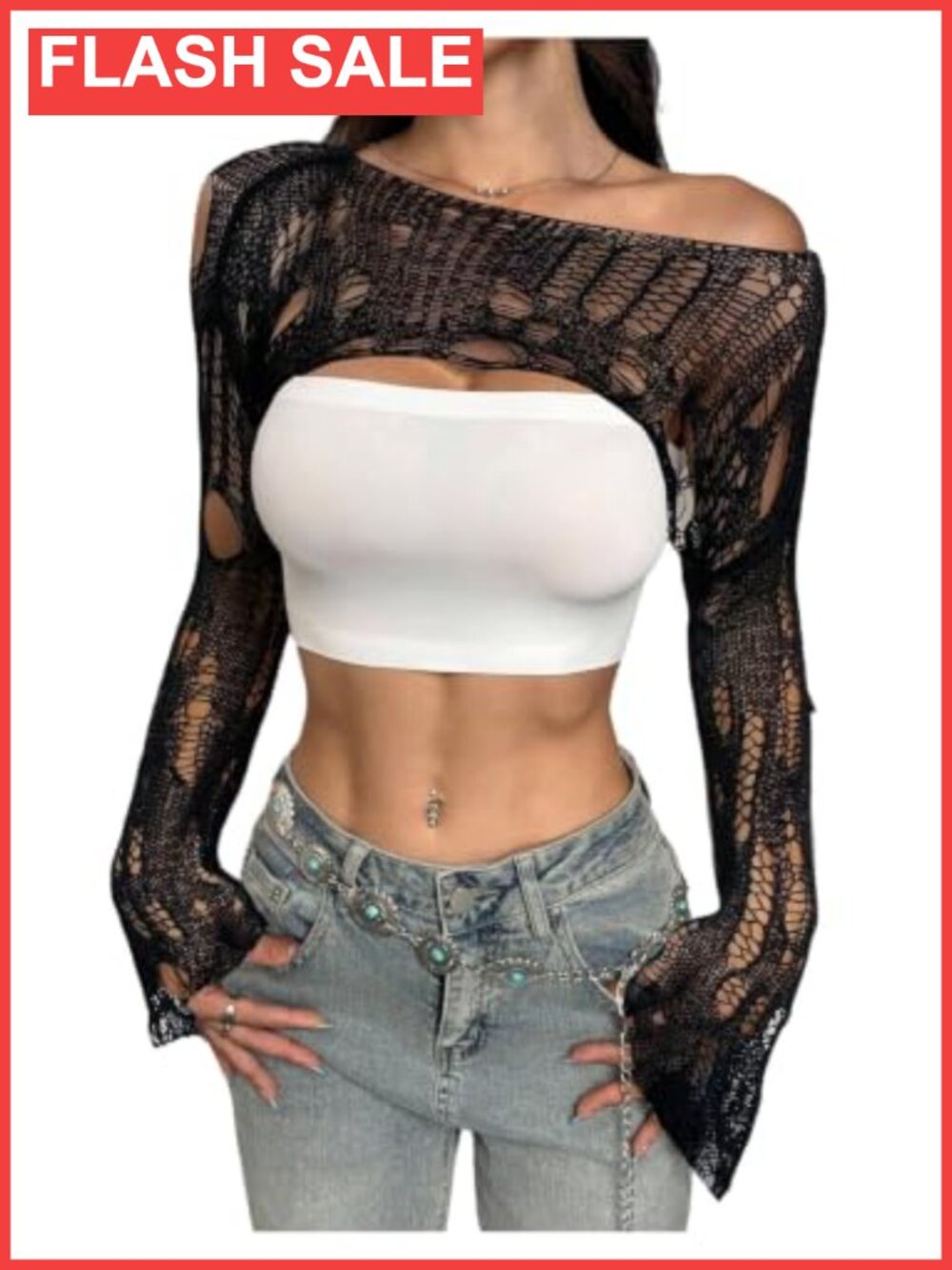 Crochet Bolero Shrug Distressed Off Shoulder Crop Top Bell Sleeve Y2K Festival